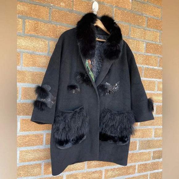 Kobi Halperin X Erte Anisa Fox and Rabbit Fur Combo Coat w/ Crystal Brooches L - Picture 2 of 16